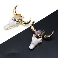 charms bull head pendant reiki heal acrylic gold plate amethysts ox horn for jewelry making diy necklace pendant 47x47mm