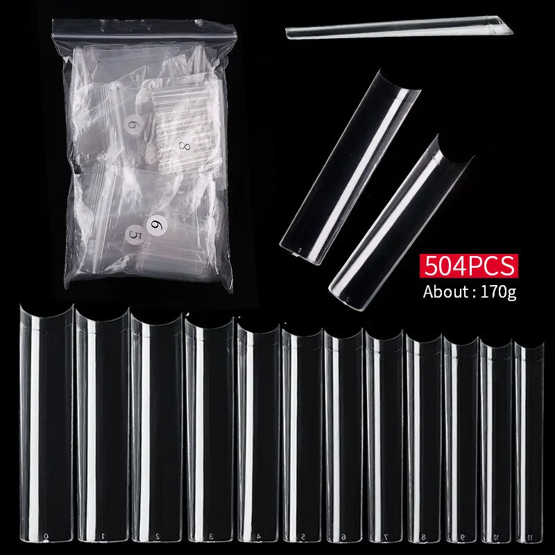 

XXL Deep C Curve False Coffin Nail Tips Extra Long Clear Fake Nails 504Pcs Acrylic Nail Half Cover French Straight Square Nails