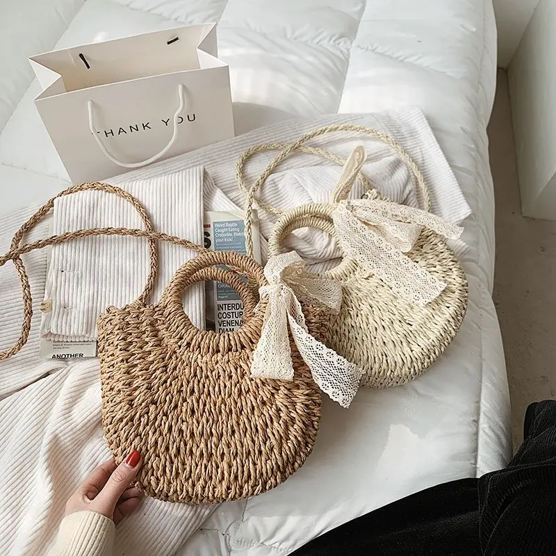Summer Brand Straw Bag Women Hand-Woven Handbag Moon Shape Lace Bow Rattan Bag Drawstring Casual Beach Shoulder Crossbody Bag