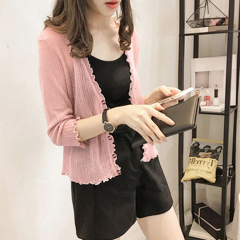

Women V-Neck Thin Openwork Blouses Female Blouses Sunscreen Air Conditioning Shirt Feme