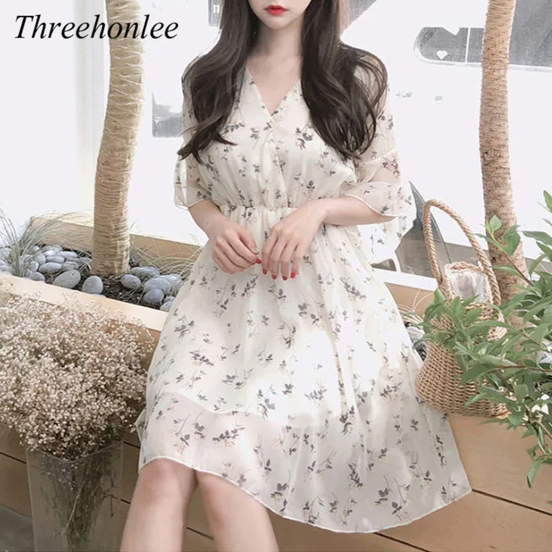 

Женское шифоновое платье с пышными рукавами, повседневное винтажное мини-платье с цветочным принтом и V-образным вырезом в Корейском стиле, ...