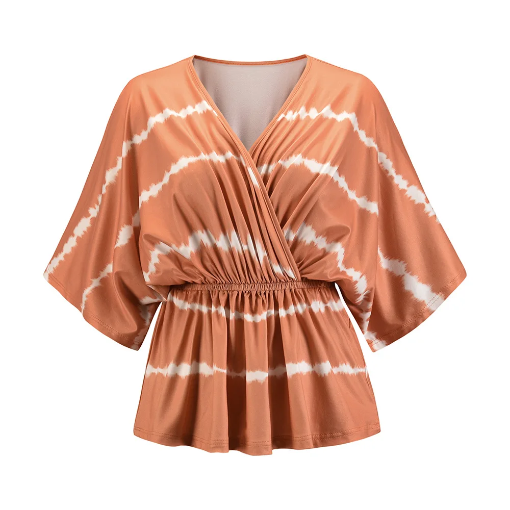

Three Quarter Batwing Sleeve T-shirt Summer Autumn Top New Casual V Neck Plus Size T-shirts Women Striped Print Camisas Mujer