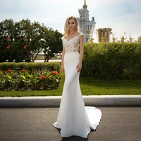 fashion mermaid wedding dresses o neck sleeveless appliques satin skirt bridal gown with sweep train custom made