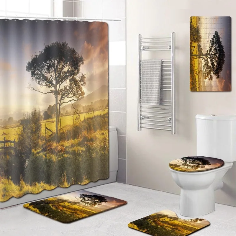 

Beautiful Scenery Bath Mat Bathroom Curtain Five-Piece Set Curtain Partition Curtain Floor Mat Bath Mat Toilet Cover Foot Mat