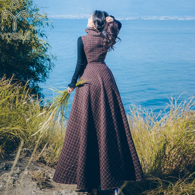 YOSIMI, Осень-зима, винтажный женский костюм из двух частей, женский шерстяной костюм длиной до щиколотки, черная блузка+ Макси клетчатый жилет, длинное платье