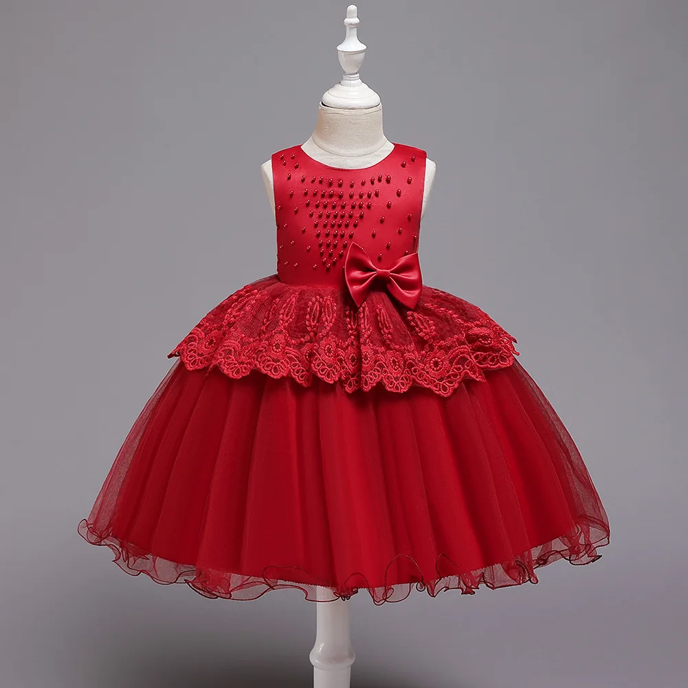 

Short Pearls Applique Girl Dresses Children's Performance Prom Gown Kids Flower Girls Wedding Dress