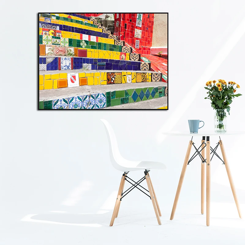 

Wall Art Canvas Poster Painting Prints Picture for Living Bedding Room Decor Painting Original Ethnic City View Stairs in Mexico