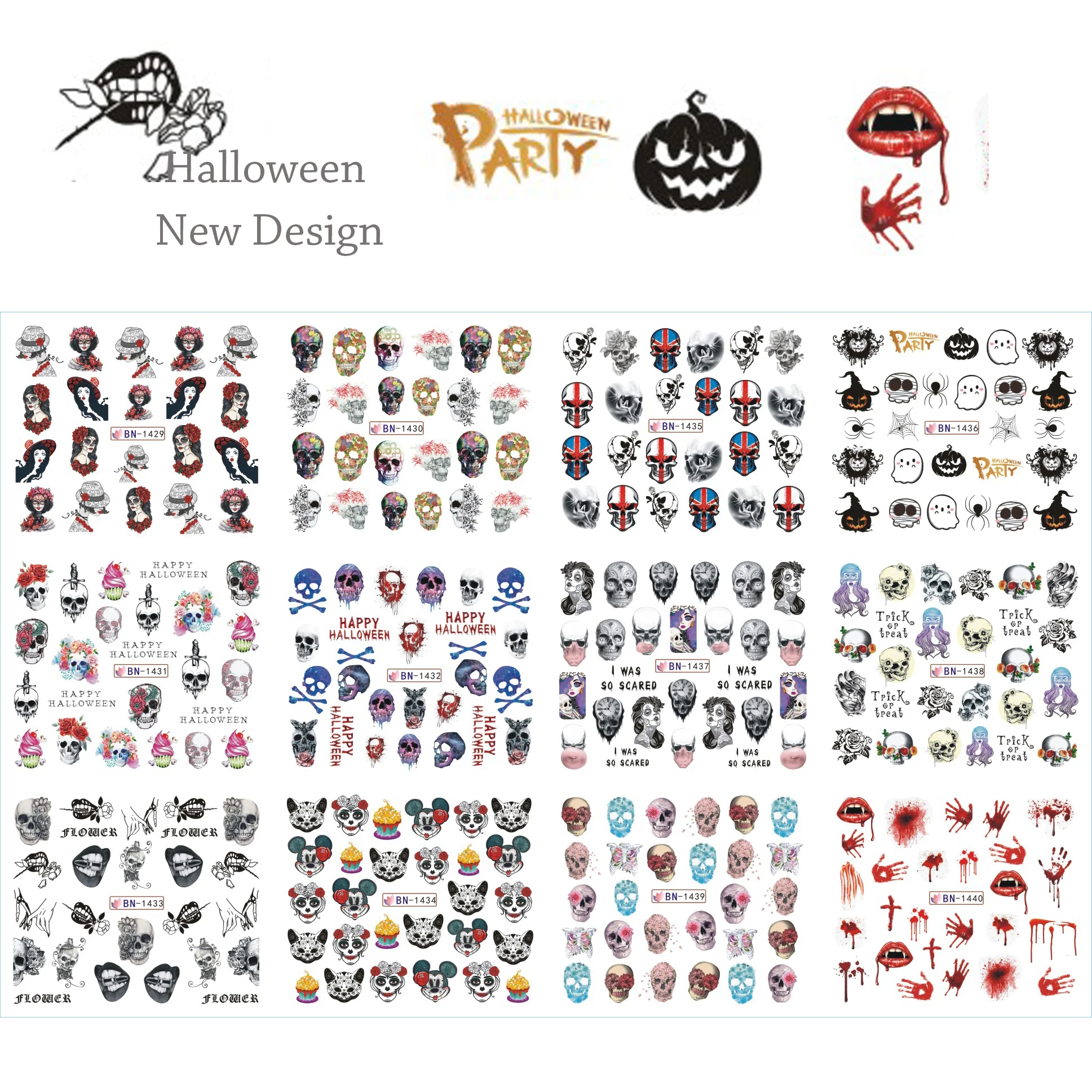 12 типов наклеек для ногтей слайдер Хэллоуин Череп DIY дизайн водное тату