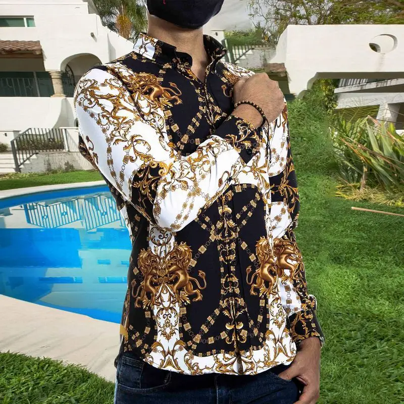 

Мужская Повседневная рубашка с воротником-стойкой, кардиган на пуговицах с длинным рукавом и винтажным принтом, уличная одежда на осень 2021