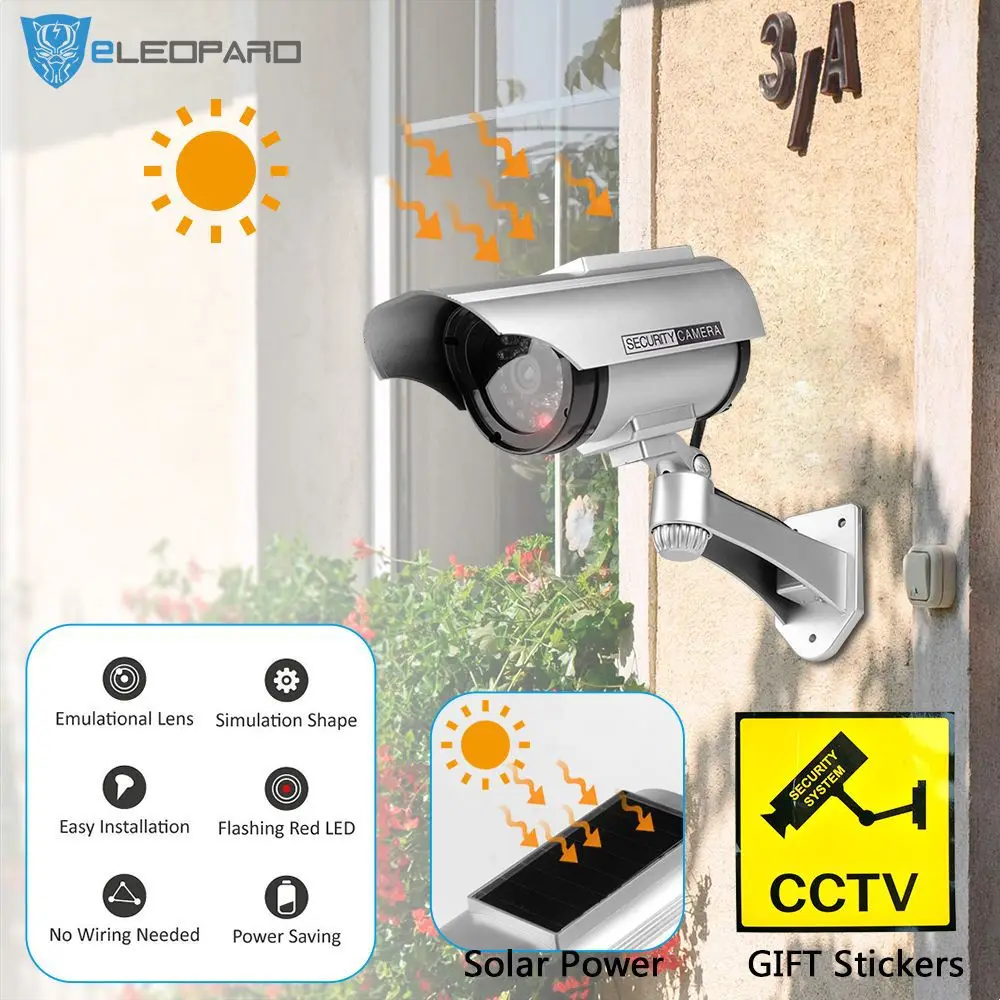 

Dummy Surveillance Camera Security Fake Camera Outdoor with LED Light Solar Powered Security Alert Sticker Decals