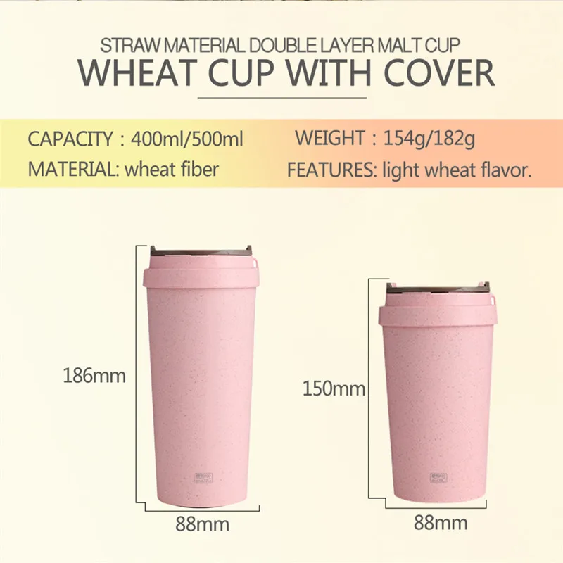 

380ml/510ml Double-wall Insulation Wheat Fiber Straw Coffee Cup Travel Mug Non-slip Leak-Proof Tea Milk Cup Drink Bottle