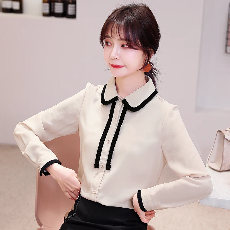 

Женские кружевные низ с полувысоким воротником, Новинка осени 2020, модный сетчатый топ с длинным рукавом, женская рубашка на пуговицах