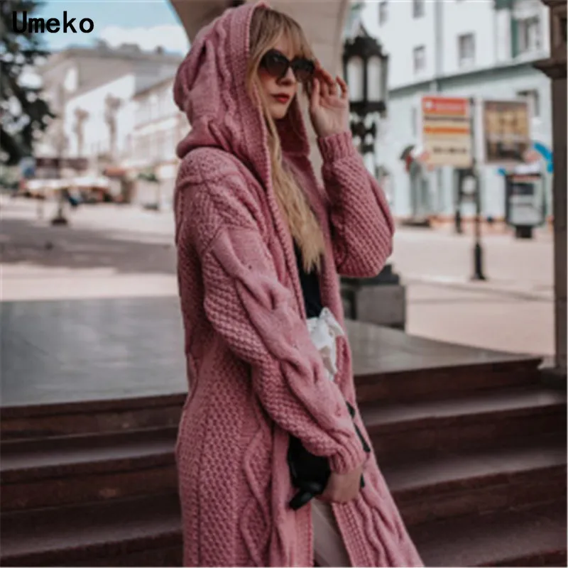 Umeko 6 цветов Женский вязаный кардиган Зимний толстый теплый длинный кардиган с капюшоном Женский винтажный свитер с длинным рукавом Верхняя одежда Пальто