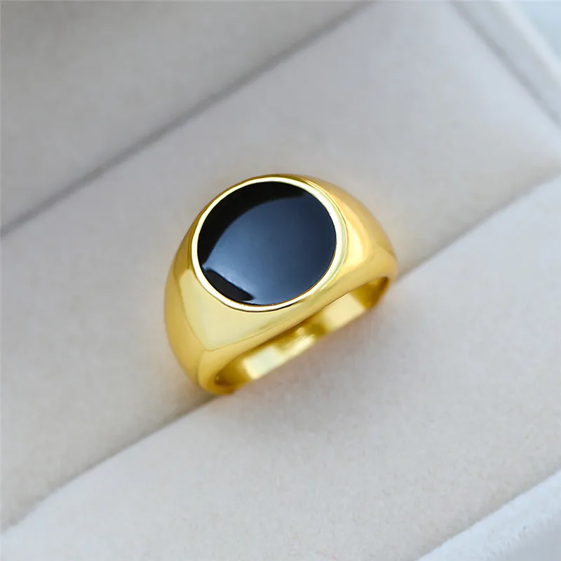 Big Round Black Stone Yellow Gold Color Rings for Men Vintage Fashion Wedding Jewelry Male Engagement Promise Ring Luxury Gifts | Украшения