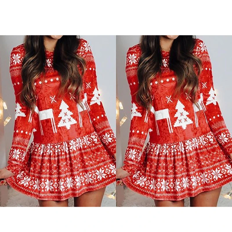 

Knitted Dresses Short Skirt For Women Winter Females Fashion Long Sleeve Christmas Elk Print Ladies Knitted Sweater Loose Dress
