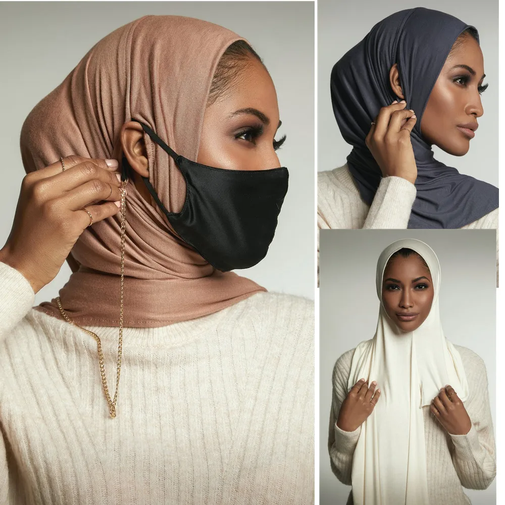 Fashion Women's Jersey Instant Hijab Shawl With Hole Easy Wear Mask Muslim Turban Plain Headscarf Wrap Africa Headband 180*70cm