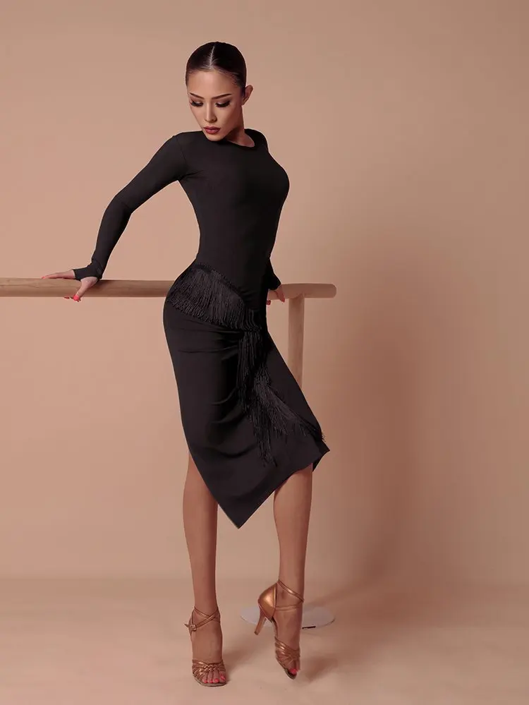 ZYMdancestyle The Curve Fringes Maxi Dress #2046H ZYM tassel dress Rumba long sleeves for professional latin dancer | Тематическая