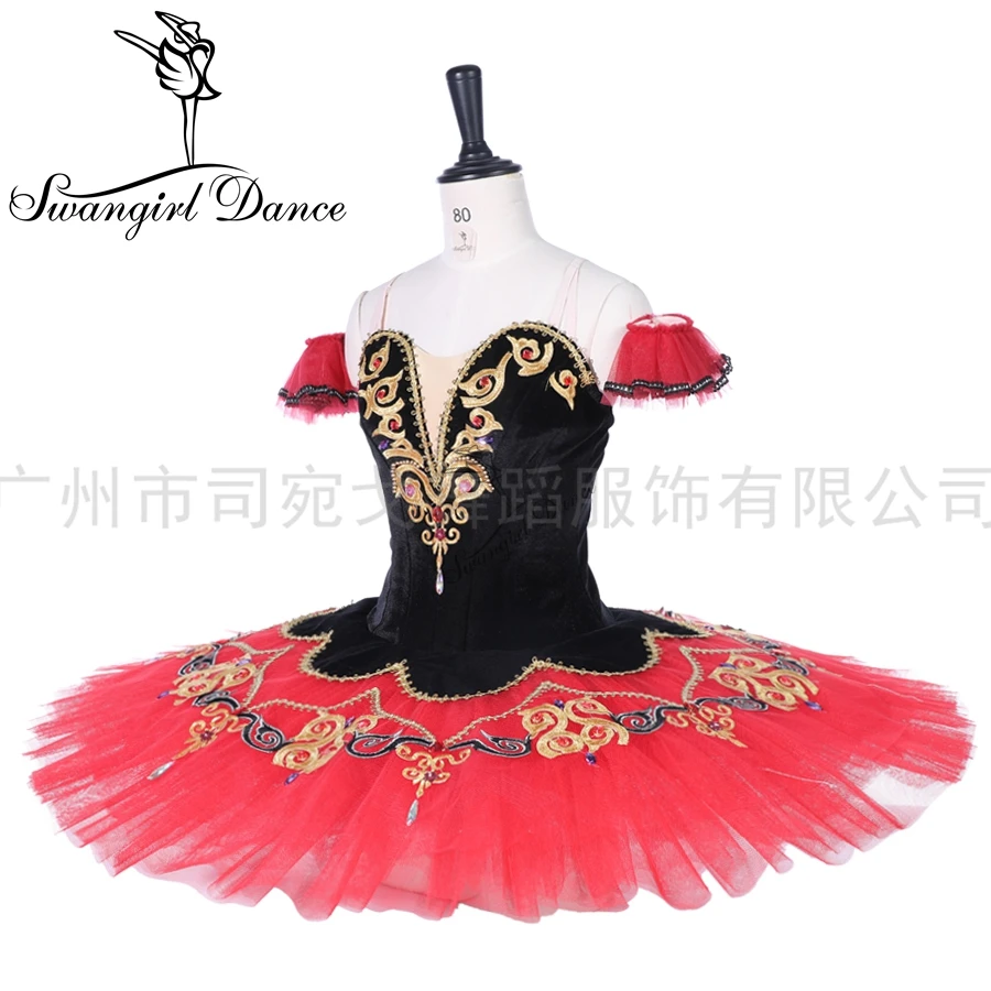 Чёрно-красные костюмы для женщин балета Don Quixote Paquita с профессиональными пачкинами на сценическом платтере BT9292.