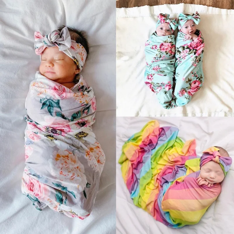

Newborn Baby Soft Flower Printing Receiving Blankets Swaddling Infant Swaddle Wrap And Headband 2Pcs/Set