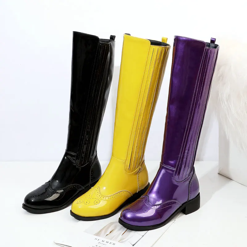 Модные женские сапоги до колена для женщин Лакированная кожа на низком каблуке