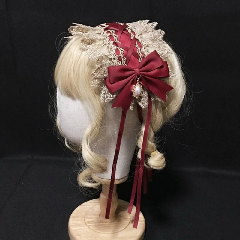 

Gothic Lolita Maid Ruffled Lace Headband Crisscross Ribbon Bowknot Sweet Hairband Imitation Pearl Pendant Vintage Cosplay Party