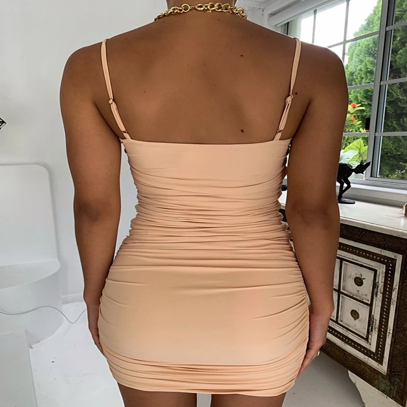 

Circle hollow drawstring pleated sling dress pink Sexy Tight Dresses backless bow-knot dresses ladies elegant temperament Skirt