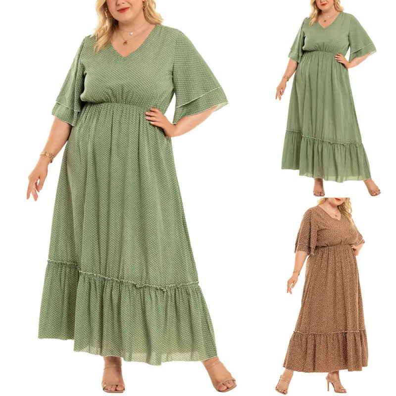 

Plus Size Women Printed Short Sleeve Long Maxi Dress Casual Beach Travel Dresses Large Basic Loose Ruffle Hem