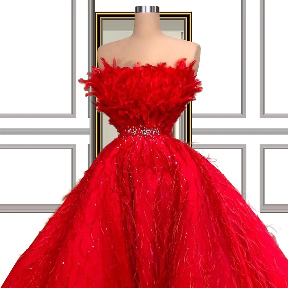 

Strapless Red Wedding Dress Feathers 2021 Princess Uk Dress