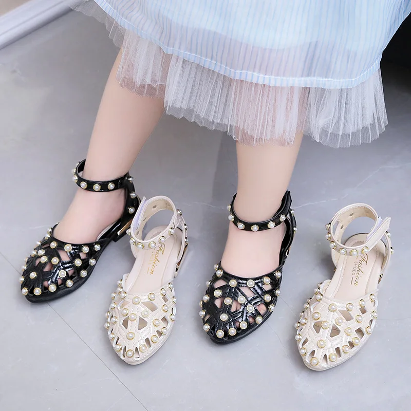 Girls Sandals 2020 Summer New Small High-heeled Children Kids Soft Bottom Hollow Pearl Student Princess Banquet Dance Show Shoes | Детская