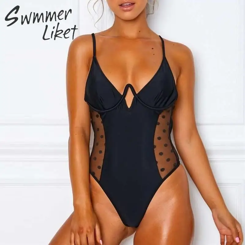 Сексуальное боди с v образным вырезом цельное Сетчатое Прозрачное Бикини 2019 в