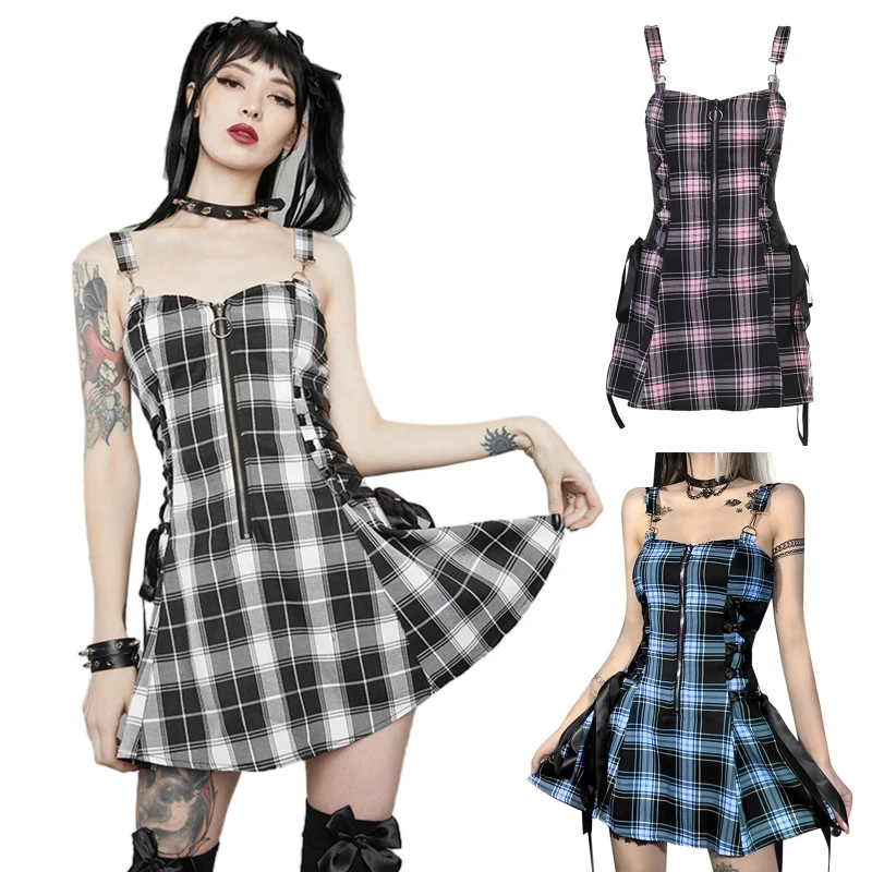 

Lace Up Plaid Dress Sweet Drawstring Dresses Sexy Retro Party Mini Dress Gothic Sling Tie Up Dress Backless Dress