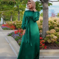 siskakia arabic dubai hijab dress for women eid 2021 solid bandage soft satin long sleeve moroccan oman kuwait muslim clothes