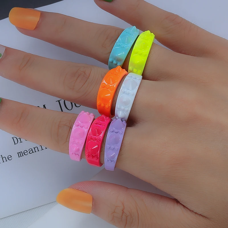 

2021 Korea Colorful Fashion Resin Fruit Ring Set Metal Geometric Irregular Open Rings for Women Party Wedding Jewelry Ring Set