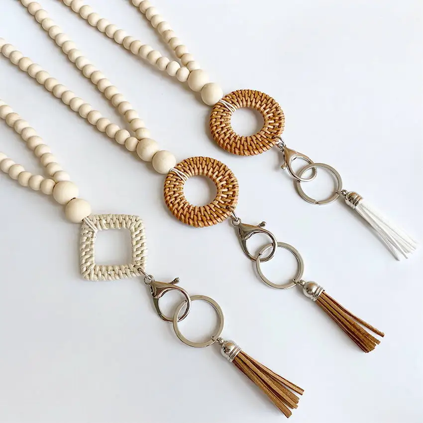 

Natural Wooden Beaded Keychain Necklace Chain Rattan Knit Circle Pendant Key Rings Velvet Tassel Necklace Women ID Card Necklace
