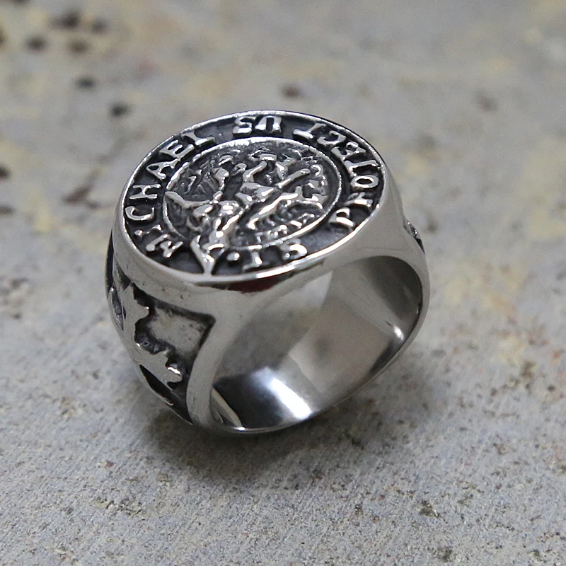 Мужское кольцо из нержавеющей стали с надписью Personality Cross St. Michael Good Lucky Talisman