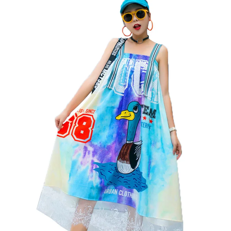 

Vefadisa Lace Patchwork Strapless Dress Women 2021 Summer Cartoon Print Long Dress Women Spaghetti Strap Dress Casual QYF4998