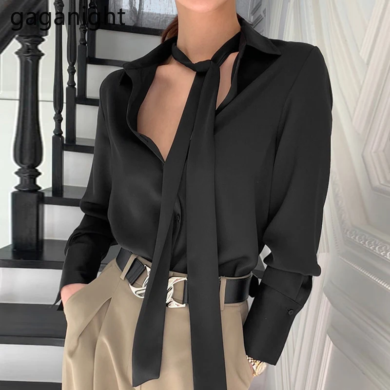 

Gaganight 2021 модная женская рубашка с галстуком-бабочкой элегантная офисная рубашка с длинным рукавом черная Розовая Атласная Блузка с лацкана...
