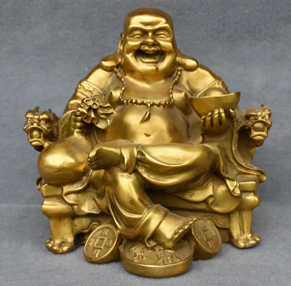 

wedding decoration 10 Chinese Buddhism Brass Sit Dragon Chair Happy Laughing Maitreya Buddha Statue