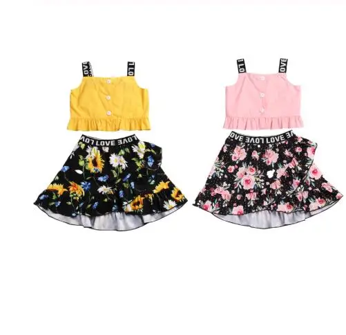 

Baby Summer Clothes Sets Infant Baby Girls Letter Floral Print Sleeveless Vest Tops Ruffles A-Line Skirts Girls Clothing