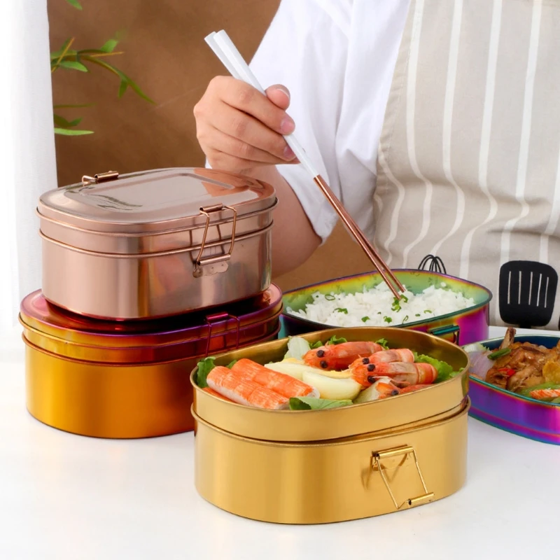 

Stainless Steel Lunch Box Double Layer Bento Food Picnic Container Snack Breakfast with Buckle Leakproof Travel for Students