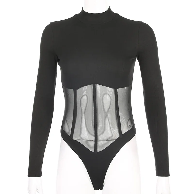 

Sexy Solid Turtleneck Bodysuit Femme Long Sleeve Mesh Patchwork Tops Autumn Winter Elegant Slim Bodycon Black Bodysuit Top Women