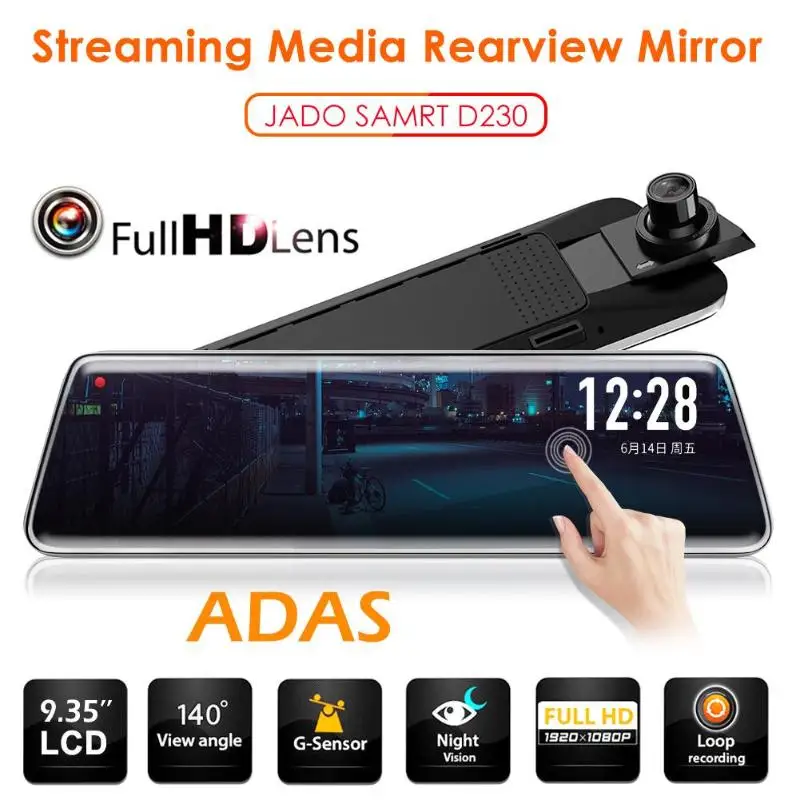 JADO D230 поток медиа зеркало заднего вида DVR камера ADAS Dash Cam 9,3" ips сенсорный экран Full HD 1080P видеорегистратор ночного видения