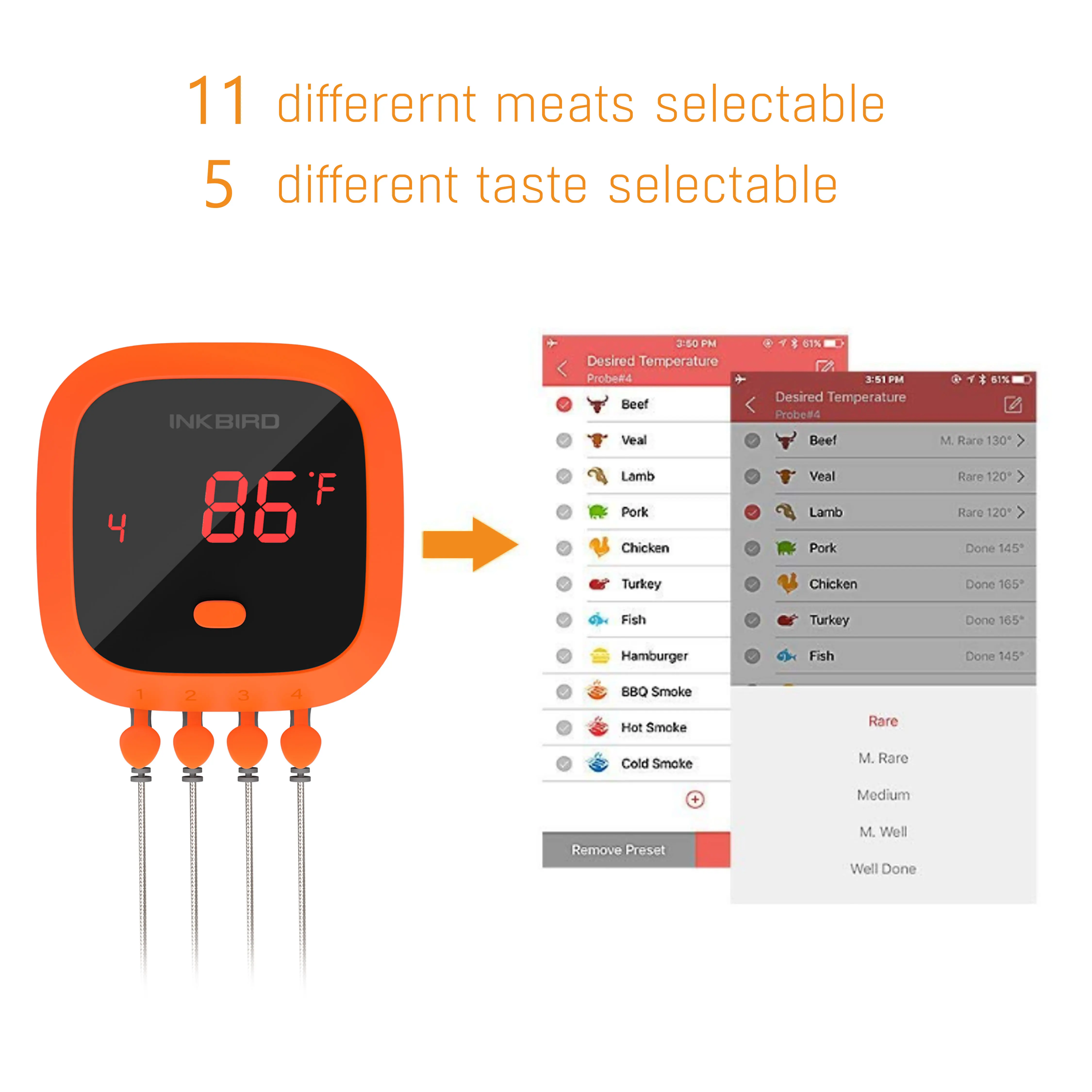 

Inkbird Ipx5 Waterproof Meat Thermometer IBT-4XC Rechargeable Magnatic With Alarm&Bluetooth Rotatable Screen BBQ Accessories