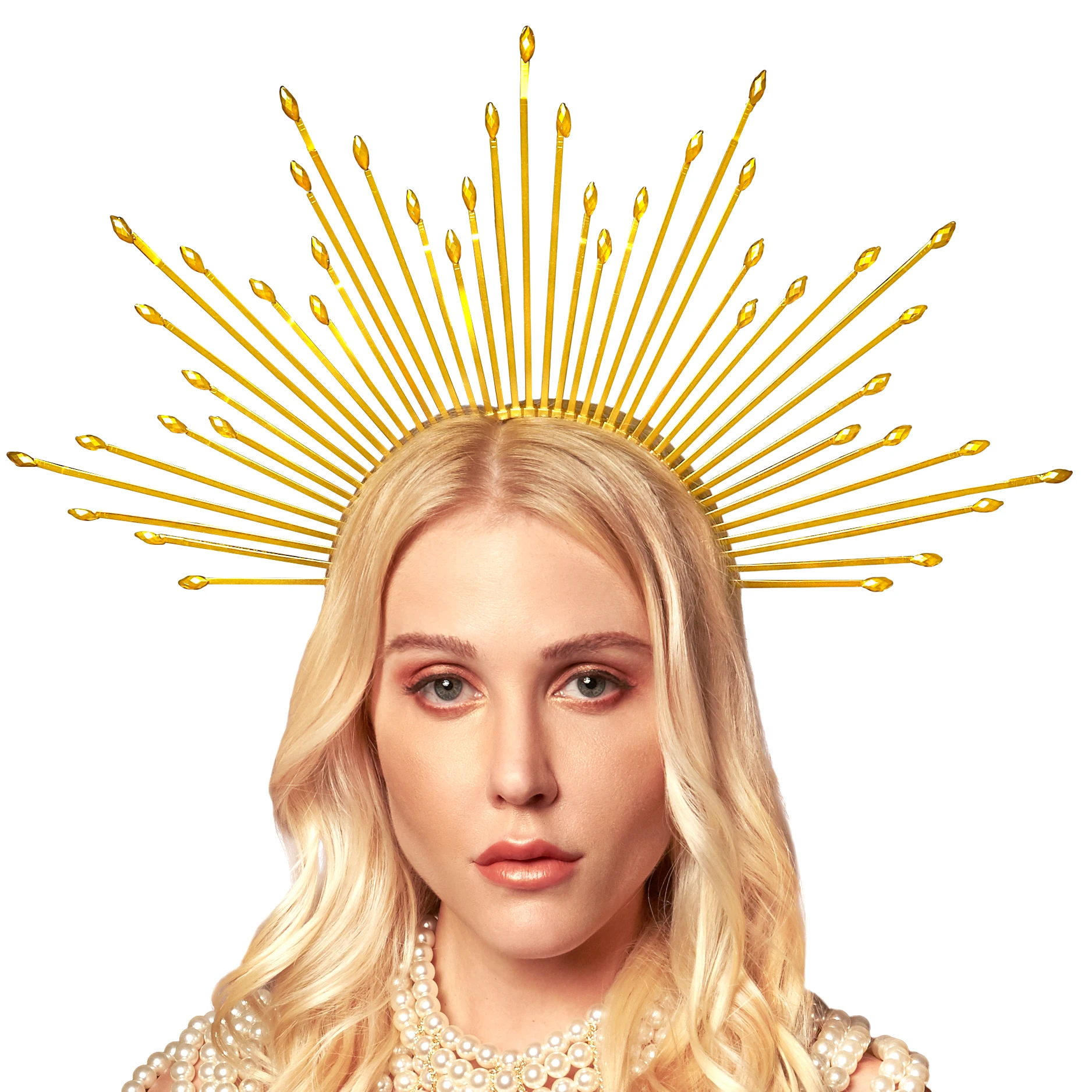 Goddess Halo Crown Sunburst Spiked Headband Gold with Rhinestones Women's Halloween Wedding Photoshoot Accessories