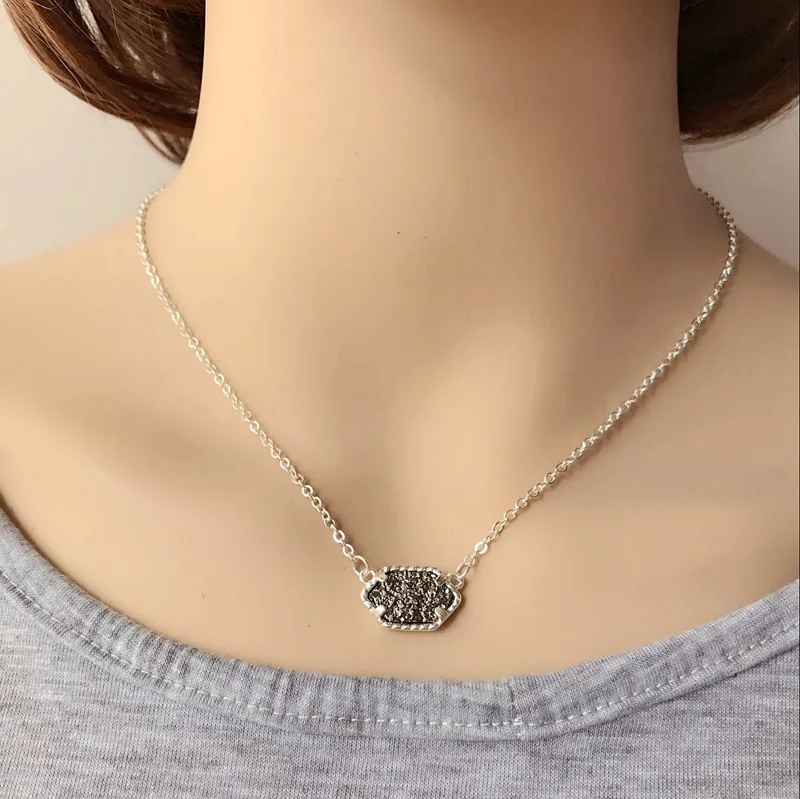 S dark gray 20 опций Druzy Кулон из друзы ожерелье Шестигранная Смола Druse Серебро Золото Цвет цепи воротник модный бренд ювелирные изделия для женщин девушка подарок - Окраска металла: S dark gray