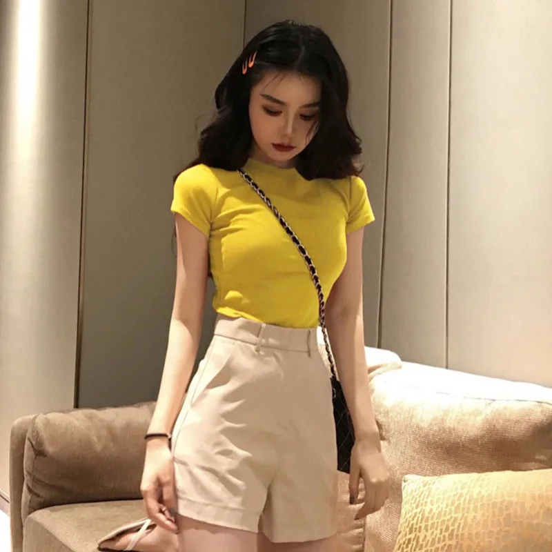 

2020 New Solid Color Tee Fashion Sexy Short-sleeved Round Neck T Shirt Trendy Wild Bottoming Top For Women