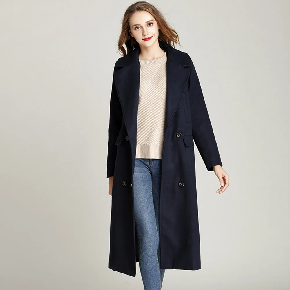 

New Autumn Winter Style Women Coats Casual Loose Plus Size Pockets Turn-Down MD-Long Woolen Blends For Females Slim Outerwear