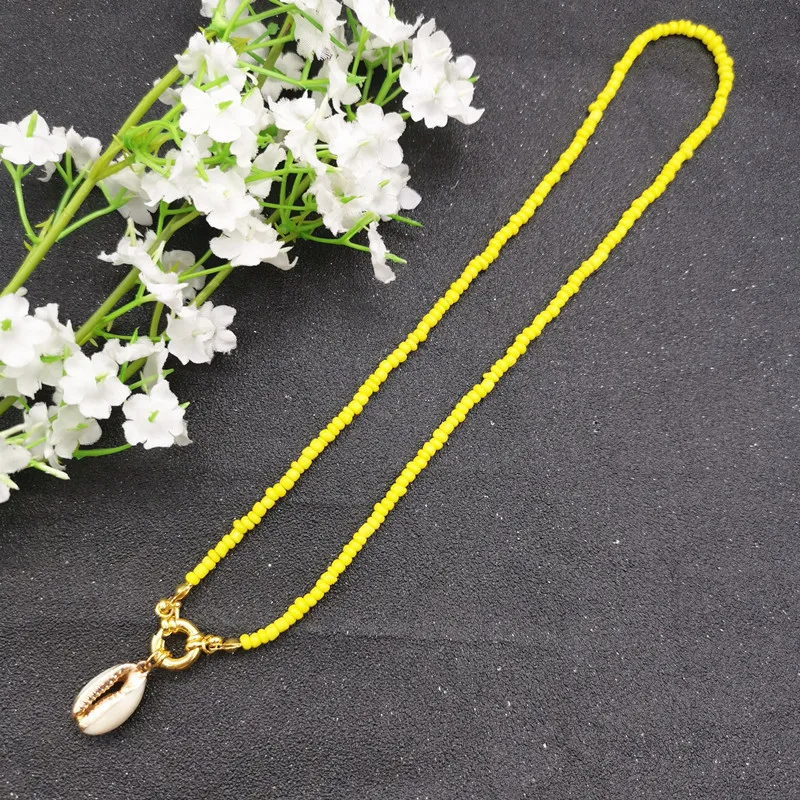 gold shell yellow Fashion Colorful Bead Cowrie Shell Choker Necklace for Women Long Chain Pendant Necklace Gold Color Statement Collier Jewelry - Окраска металла: gold shell yellow