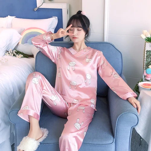 C Q 900 fen Осенняя Шелковая пижама с длинным рукавом для женщин pijama mujer, милый пижамный комплект с мультяшным принтом, домашняя одежда, длинные штаны, сексуальные пижамы - Цвет: C Q 900 fen