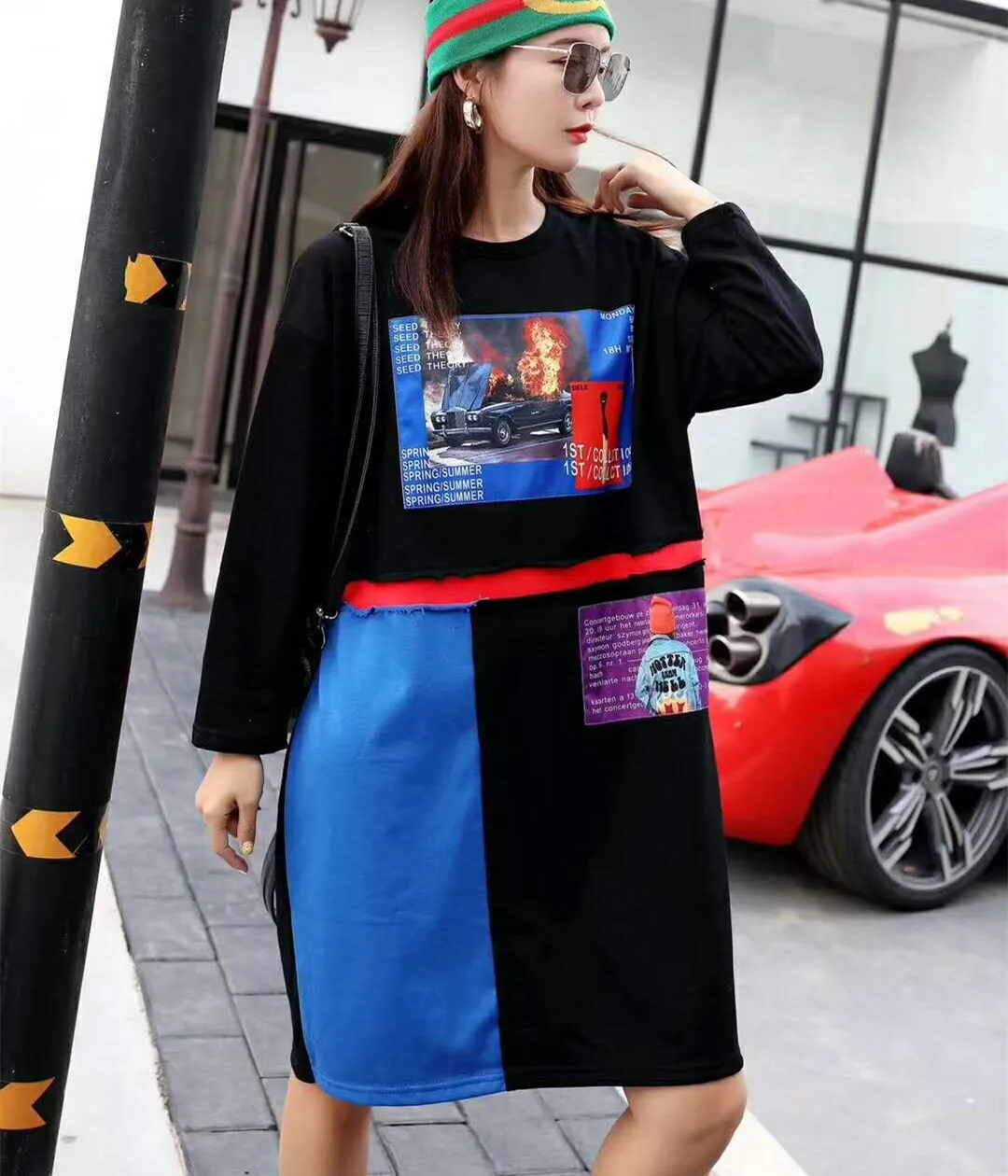 

Tide brand 2019 autumn new stitching color matching large size women's fashion fat long section long-sleeved t-shirt skirt women